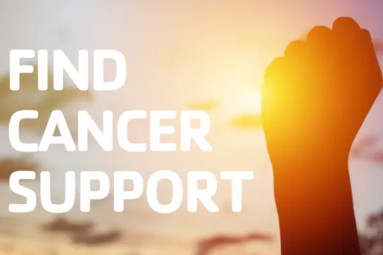 A silhouette of a fist raised in the air. The text on the photo reads: "Find Cancer Support".