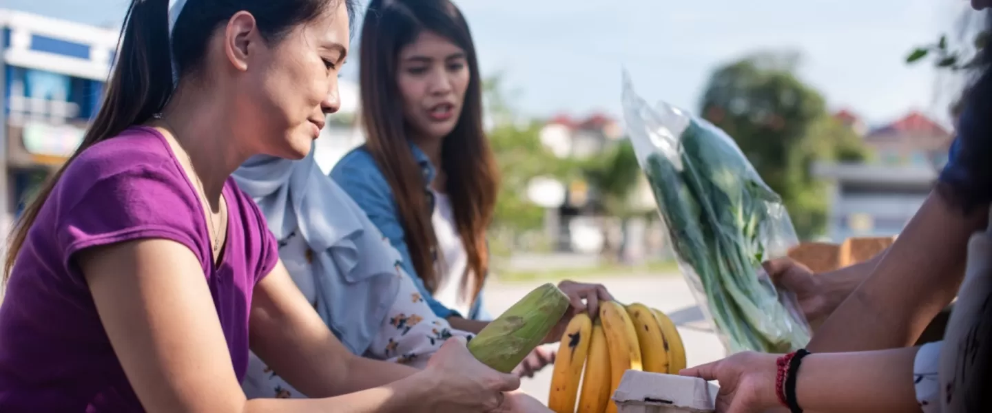 A group of people volunteer at a food drive and place food into boxes.