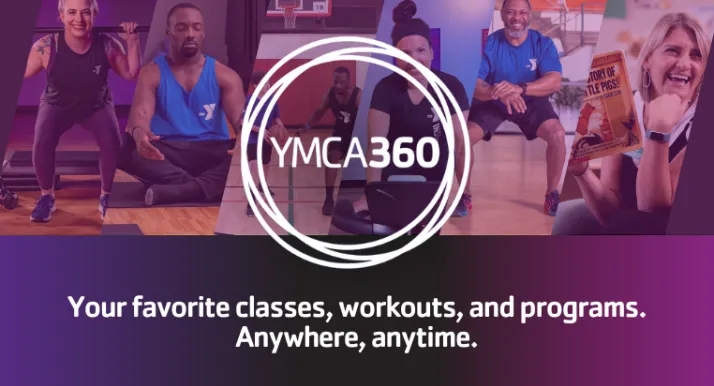 Banner featuring the YMCA360 logo. Text reads: Your favorite classes, workouts, and programs. Anywhere, anytime.