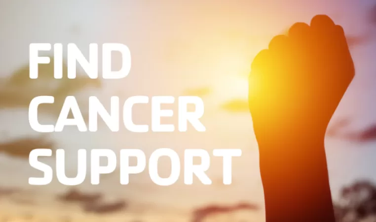 A silhouette of a fist raised in the air. The text on the photo reads: "Find Cancer Support".